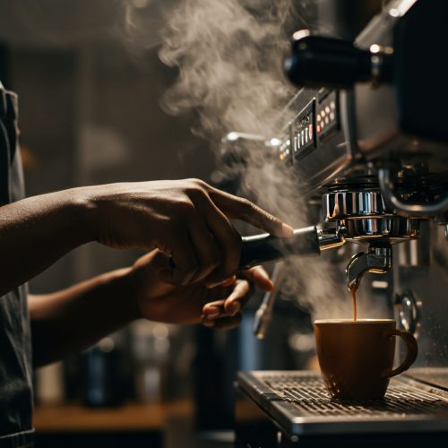 A skilled barista is shown carefully preparing a fresh espresso shot, highlighting the art of coffee making and the rich, aromatic steam rising from the machine. The warm tones and focused composition capture the essence of a cozy coffee shop atmosphere, ideal for branding, marketing, or editorial content related to coffee culture and the food and beverage industry.